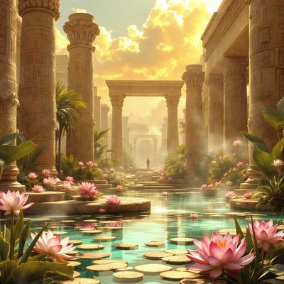 The primary subject of the image is a beautiful garden with a pond, surrounded by a variety of flowers and plants. The setting is a serene and picturesque environment, with a mix of natural elements and architectural structures. The visual style of the image is a combination of photo and digital art, creating a realistic yet artistic representation of the garden. The colors and mood of the image are predominantly warm and vibrant, with the flowers and plants adding a sense of life and beauty to the scene.